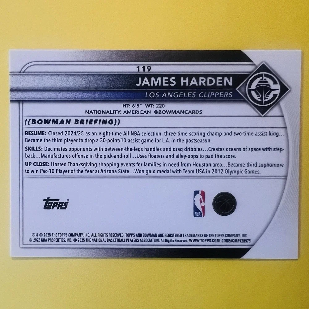 2025-26‎ Bowman Basketball James Harden #119 Los Angeles Clippers Base Card